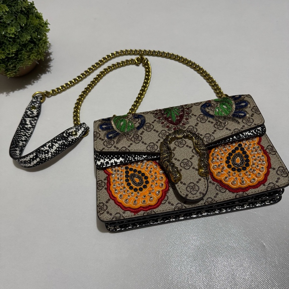 Embroidered Beaded Snakeskin Metal Chain Crossbody Shoulder Bag Purse